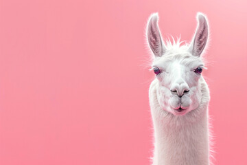 Obraz premium Beautiful llama close up. funny photo. Cute animal image in minimalist style on a pink background.