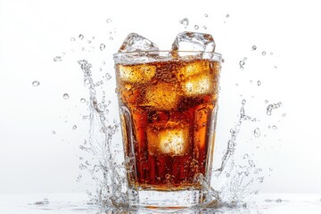 Refreshing Cola Splash - Ice Cubes Dropping into Tall Glass with Water Splashing on White Background