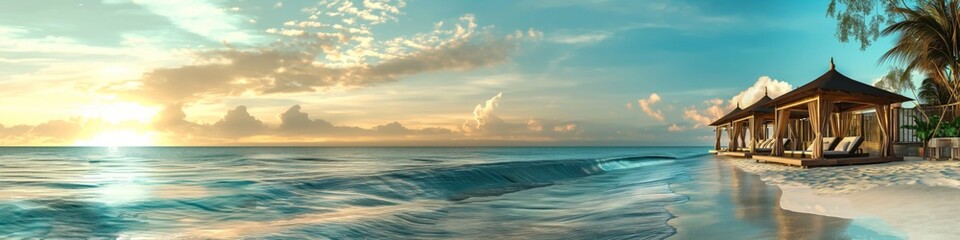 Obraz premium A dramatic seascape at sunset with waves crashing on the shore, sunbeds under cloudy skies.