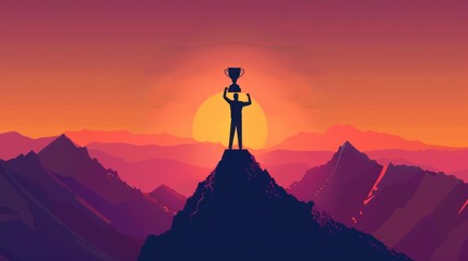 Silhouette of a businessman holding a trophy on top of a mountain with sunset Ideas for doing business successfully