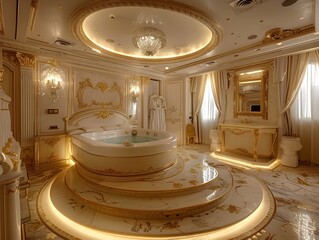 Obraz premium Opulent Gold Trimmed Luxury Hotel Suite with Ornate Decor and Lavish Amenities
