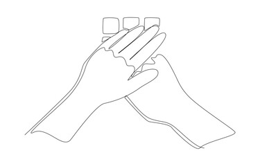 Continuous one line drawing of hand pressing code while other hand covering it, password theft protection when using atm or payment terminal concept, single line art.