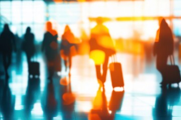 Blurred motion of travelers silhouettes moving through an airport terminal, travel concept.