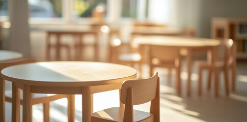 Minimalist Children's Classroom Interior featuring small wooden tables and chairs.