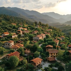 Fototapeta premium Tranquil Mountain Village Nestled in Picturesque Landscape Captured by Aerial Drone