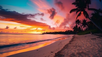 A breathtaking tropical beach at sunset, perfect for travel advertisements and promotional materials.