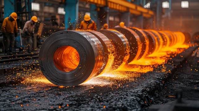Workers manage glowing steel rolls, directing molten sparks in an industrial forge environment at dusk