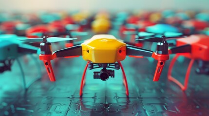 A swarm of colorful drones with cameras, positioned in a row on a futuristic surface.