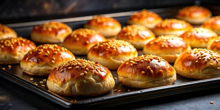 bread, Turkish food, appetizer, close-up, pogaca, A close up shot of a delicious Turkish pastry pogaca with a cheesy filling displayed on an oven tray against a dark silhouette background