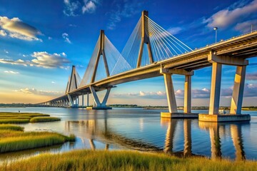 The Cooper River Arthur Ravenel Jr Bridge in Charleston South Carolina captured from a tilted angle showcasing its stunning architectural design and picturesque scenery, reflections