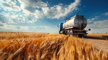 Truck with oil tank on wheat field