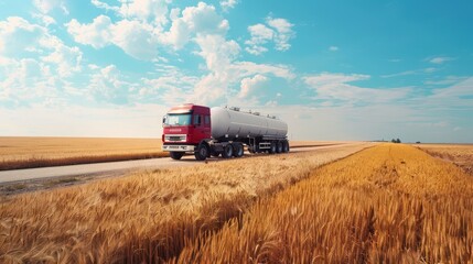 Fototapeta premium Truck with oil tank on wheat field