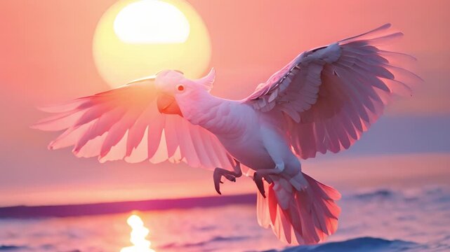 Majestic Bird Soars Against Vibrant Sunset Over Ocean Horizon at Dusk