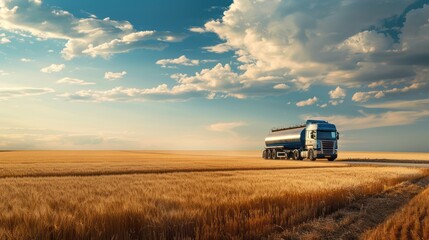 Truck with oil tank on wheat field