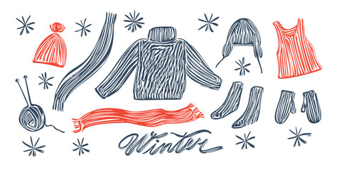Winter clothes set. Knitted sweaters, scarves, hats, scarf, mittens. Vector illustration