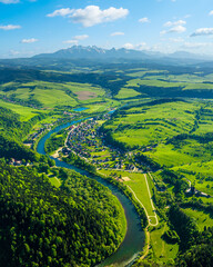Mountain landscape in the Pieniny National Park at the foot of the Tatra Mountains. Pieniny Park is located on the border of Poland and Slovakia