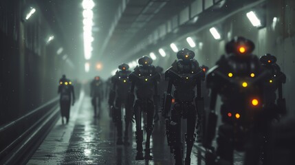 A lone figure walks through a dark futuristic tunnel as a group of robots pass by.