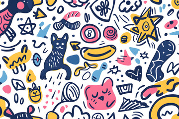 Fototapeta premium A colorful, cartoonish drawing of various animals and objects, including a cat