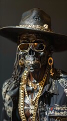 Obraz premium Elaborate Skull Figurine Dressed in Stylish Accessories and Hat Displayed Against Dark Background
