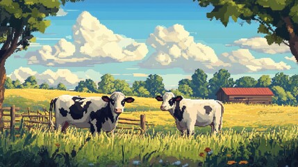 Digital pixelated cows in a retro 8-bit farm setting, blending nostalgic and modern pixel art styles.