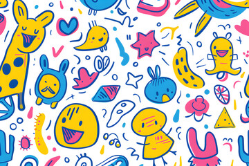 A colorful cartoon drawing of various animals and characters