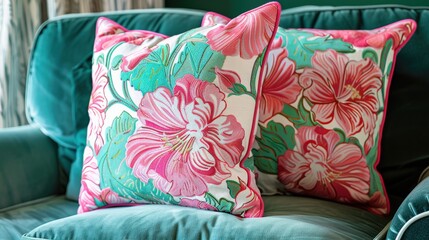 A decorative pillow set features vibrant pink and green floral designs, enhancing the cozy atmosphere of a stylish living room
