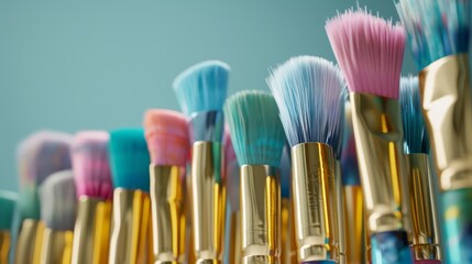 Fototapeta premium A row of colorful paint brushes, a close-up view, with a blue background.