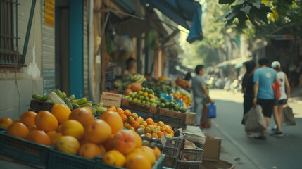 A street market with a variety of fruits and vegetables, including oranges