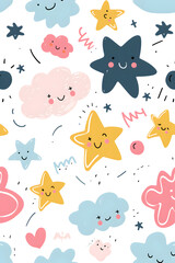 A colorful pattern of stars and clouds with a smiling face