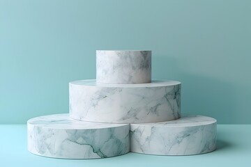 White Marble Stone Pedestal Podium Displays on Soft Blue Background 3D Rendering