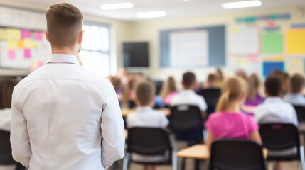 A teacher stands in front of a classroom full of students