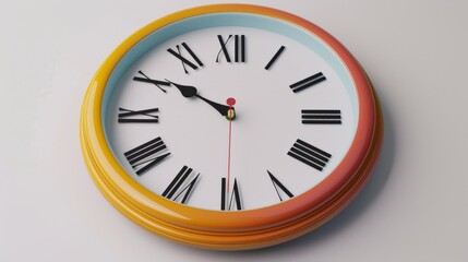 A colorful analog clock with Roman numerals on a white background.  The clock face is yellow, orange, blue, and red.