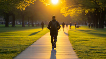 Obraz premium A man is walking down a path in a park