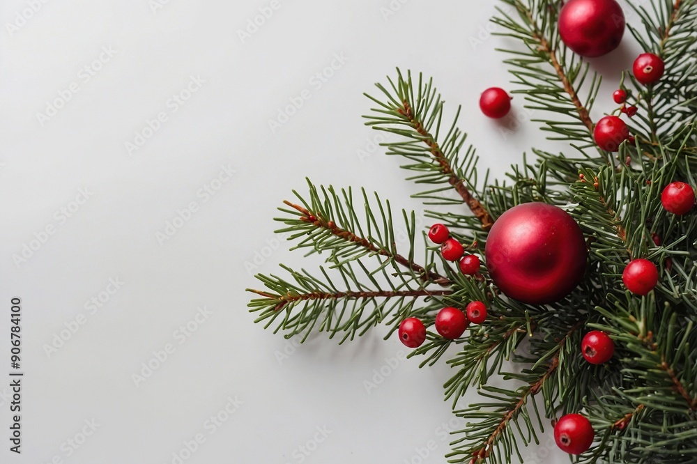 Wall mural Christmas composition flatlay. Spruce branches, red berries on white background with space for text