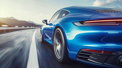 Naklejka premium Rear view of blue business car on high speed in turn. blue car rushing along a high-speed highway.