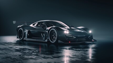 Naklejka premium Computer generated image of a sports car studio setup on a dark background.