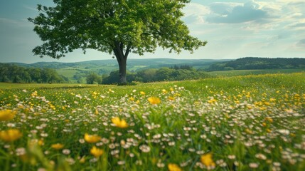 View of beautiful flowering meadows and tree