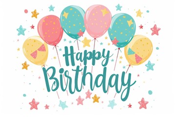 illustration of "Happy Birthday" lettering with stars and balloons on white background, simple minimalistic style, cute font Generative AI
