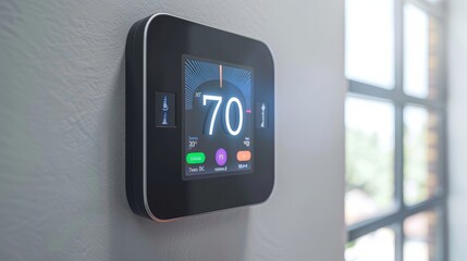 Modern digital thermostat mounted on a wall with a window in the background.  The thermostat is displaying a temperature of 70 degrees.