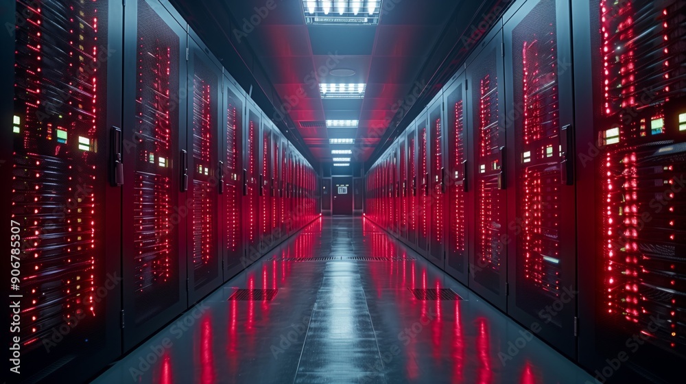 Poster a corridor within a data center is lit with red lights, showcasing rows of servers on either side in