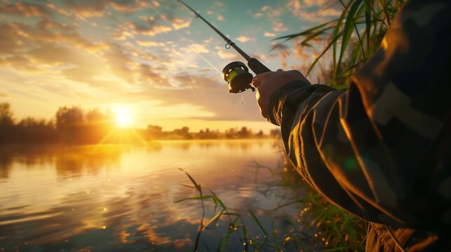 Hands of a man in a urp plan hold a fishing rod a fisherman catches fish at dawn. fishing hobby vacation concept. copy space.