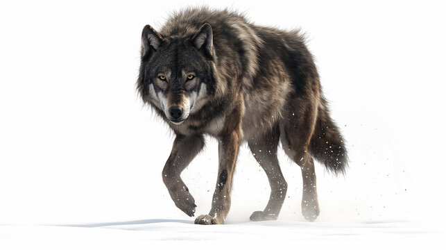 A black wolf is walking across a snowy landscape 