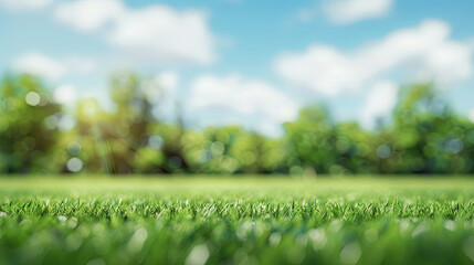A beautiful blurred spring background featuring blooming chamomile flowers in a glade, surrounded by trees and a clear blue sky on a sunny day