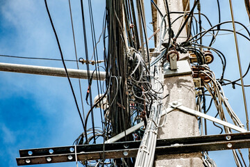 construction of building with lots of tangled wires