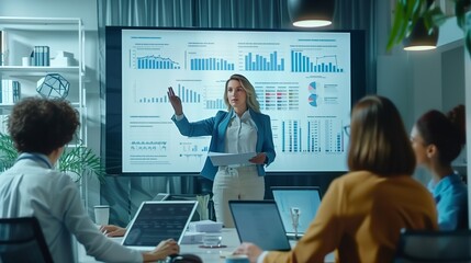 Female chief analyst holds meeting presentation for a team of economists. she shows digital interactive whiteboard with growth analysis charts statistics and data. people work in creative office.