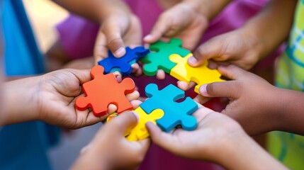 Hands of children students holding pieaces of jiwsaw together as a symbol for autism or teamwork in school.