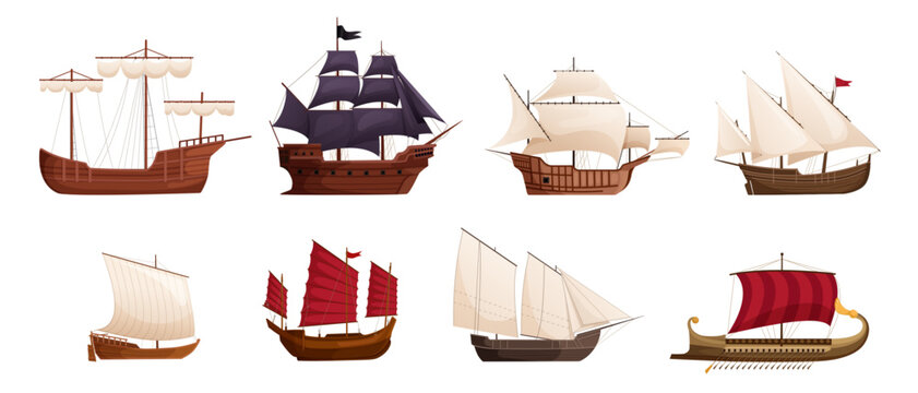 Old cartoon sailboats. Wooden ships, sailing ship, wind sail boat pirate frigate warship longboat simple schooner nave, traditional ancient sailboat sea galleon, ingenious vector set of boat old ship.