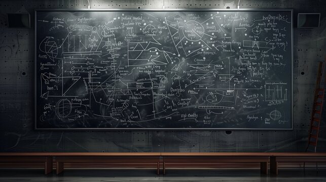 Blackboard inscribed with scientific formulas and calculations in physics and mathematics.
