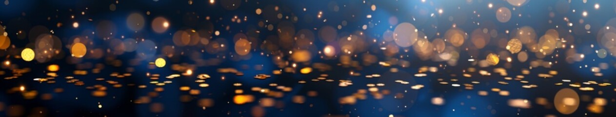 Fototapeta premium Vibrant Confetti on a Deep Blue Background with Glittering Gold Particles, an Abstract Celebration Concept in a Luxurious Navy and Gold Display