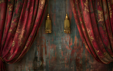 A red curtain with gold fringes hangs in front of a wall